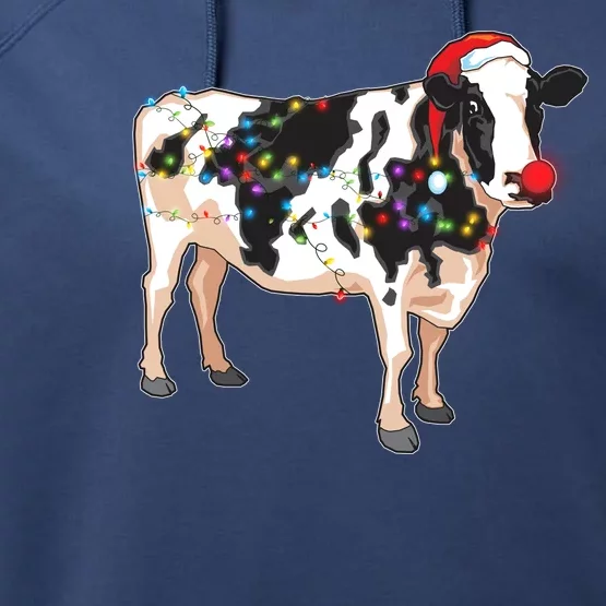 Funny Christmas Lights Cow Performance Fleece Hoodie