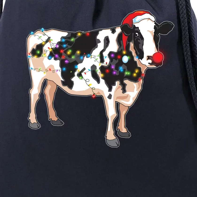 Funny Christmas Lights Cow Drawstring Bag