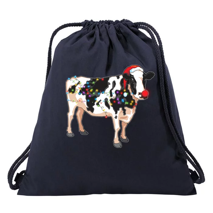 Funny Christmas Lights Cow Drawstring Bag