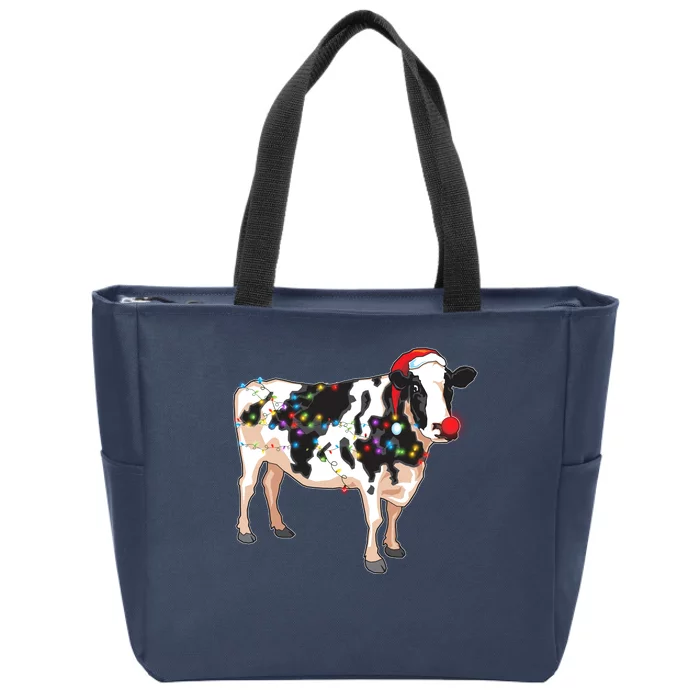 Funny Christmas Lights Cow Zip Tote Bag