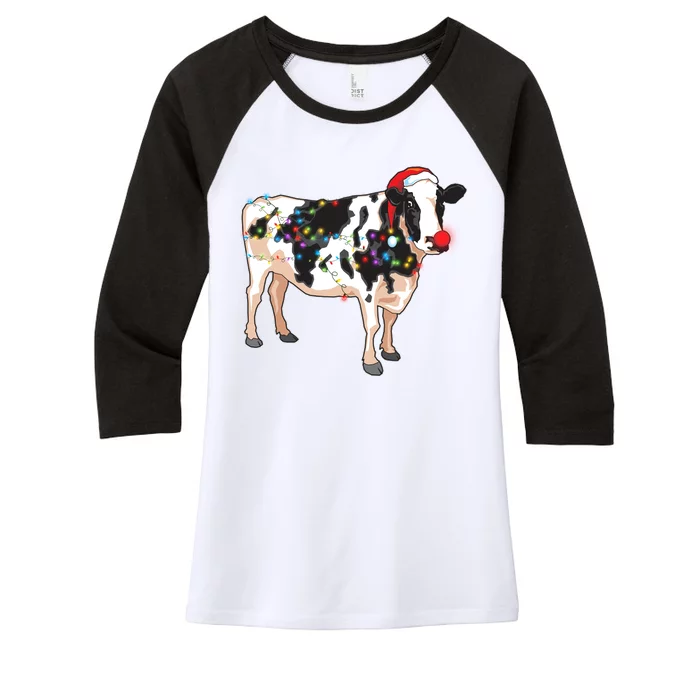 Funny Christmas Lights Cow Women's Tri-Blend 3/4-Sleeve Raglan Shirt