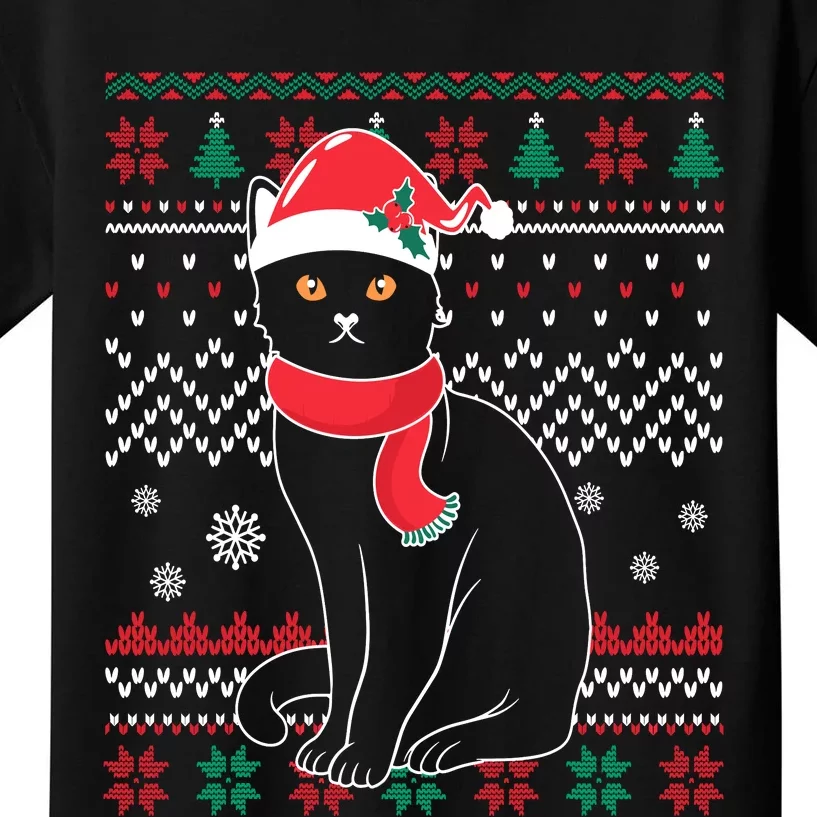 Funny Cat Lovers Cute Cat Santa Hat Ugly Christmas Sweater Kids T-Shirt