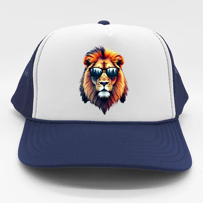 Funny Colorful Lion In Sunglasses Lions Trucker Hat