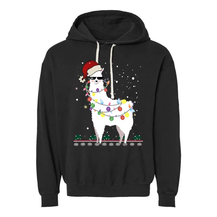 Funny Christmas Llama Santa Hat Ugly Xmas Tree Alpaca Garment-Dyed Fleece Hoodie