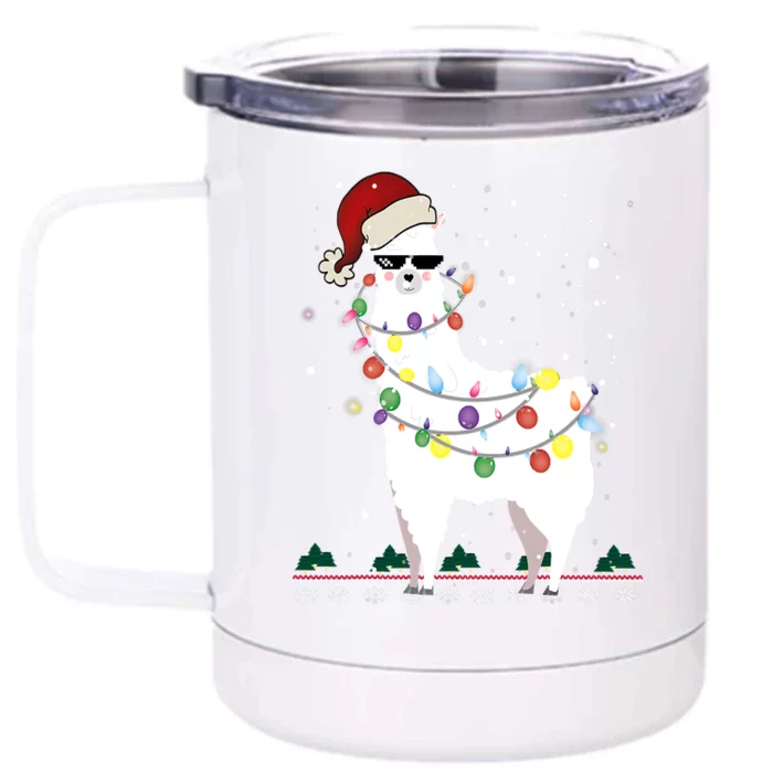 Funny Christmas Llama Santa Hat Ugly Xmas Tree Alpaca Front & Back 12oz Stainless Steel Tumbler Cup