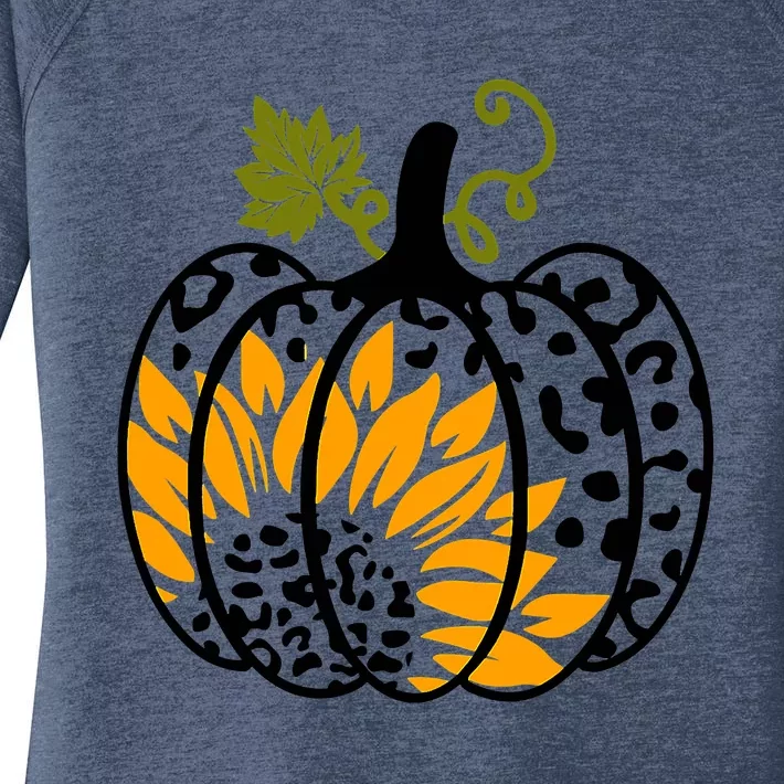 Funny Cute Leopard Pumpkin Sunflower Fall Autumn Halloween Thanksgiving Women's Perfect Tri Tunic Long Sleeve Shirt