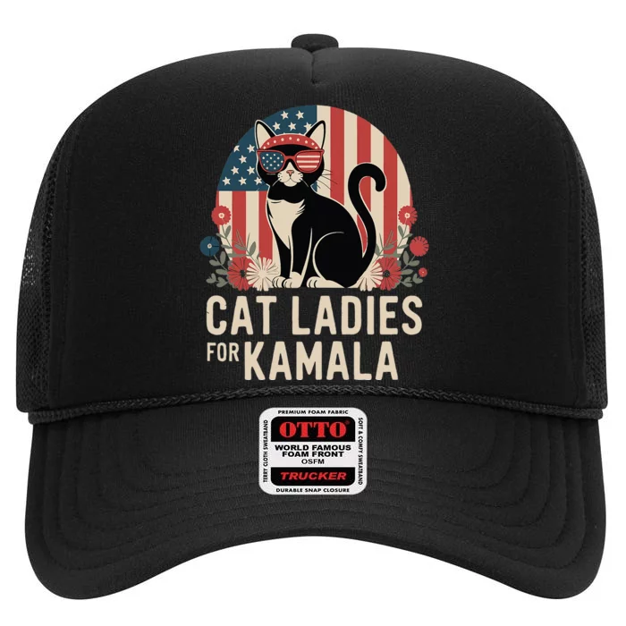 Funny Cat Ladies For Kamala Harris President Election Women High Crown Mesh Trucker Hat