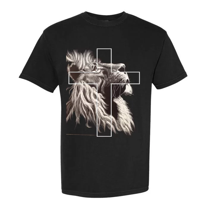 Faith Christianity Lion Cross Believer Jesus Lion Of Judah Christian Cross Garment-Dyed Heavyweight T-Shirt