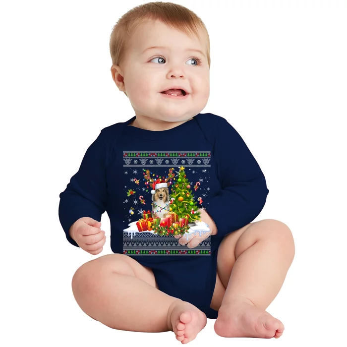 Funny Christmas Lights Sheltie Dog Funny Xmas Ugly Sweater Gift Baby Long Sleeve Bodysuit