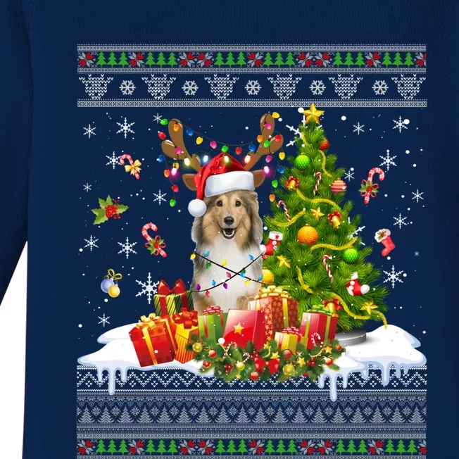 Funny Christmas Lights Sheltie Dog Funny Xmas Ugly Sweater Gift Baby Long Sleeve Bodysuit