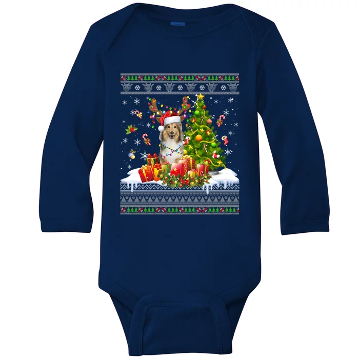 Funny Christmas Lights Sheltie Dog Funny Xmas Ugly Sweater Gift Baby Long Sleeve Bodysuit