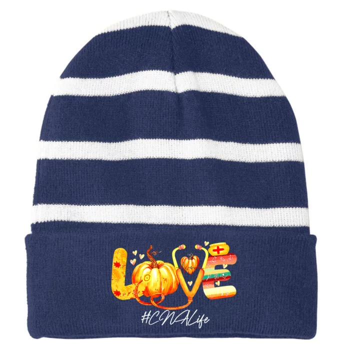 Funny Cute Love CNA Life Pumpkin Fall Autumn Thanksgiving Nursing Striped Beanie with Solid Band