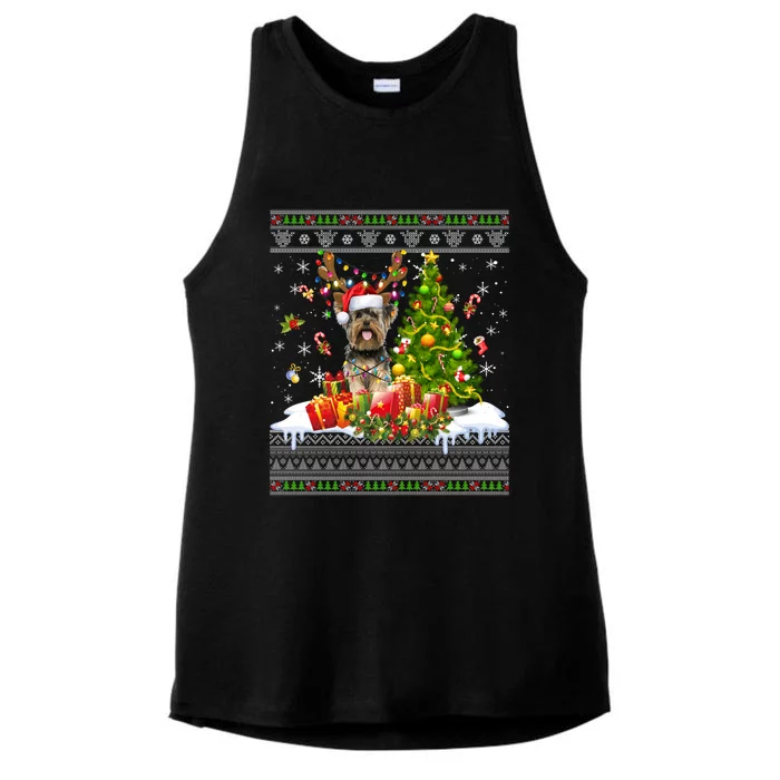 Funny Christmas Lights Yorkie Dog Funny Xmas Ugly Sweater Gift Ladies Tri-Blend Wicking Tank