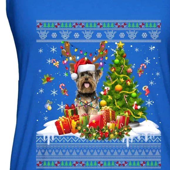 Funny Christmas Lights Yorkie Dog Funny Xmas Ugly Sweater Gift Ladies Essential Flowy Tank