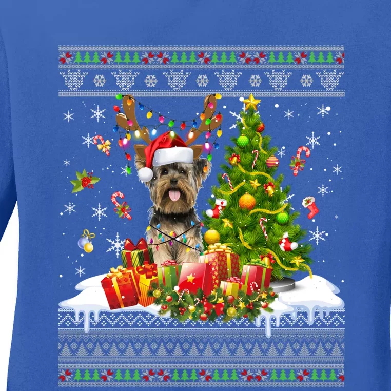 Funny Christmas Lights Yorkie Dog Funny Xmas Ugly Sweater Gift Ladies Long Sleeve Shirt