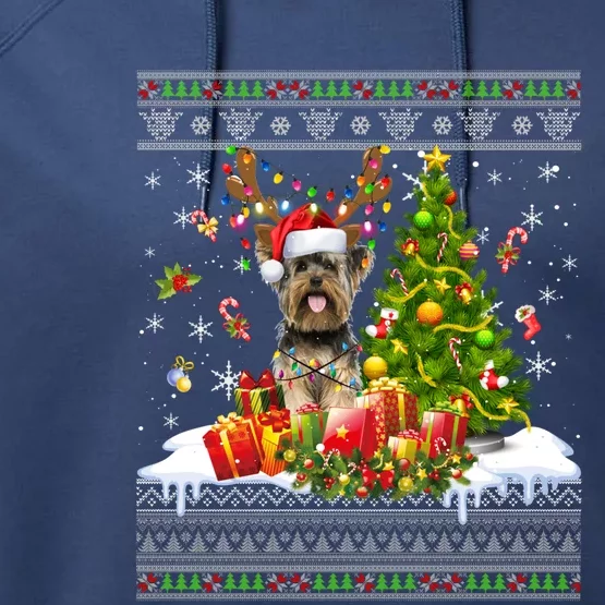 Funny Christmas Lights Yorkie Dog Funny Xmas Ugly Sweater Gift Performance Fleece Hoodie