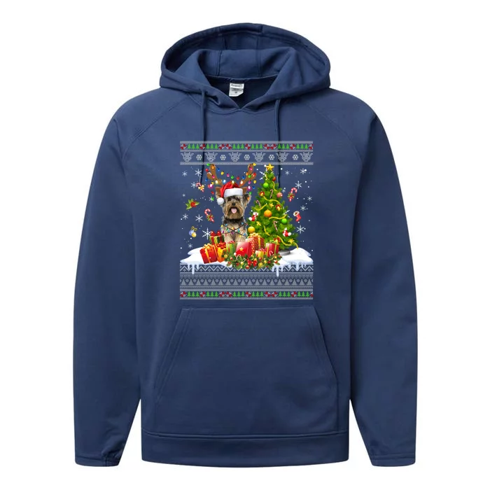 Funny Christmas Lights Yorkie Dog Funny Xmas Ugly Sweater Gift Performance Fleece Hoodie