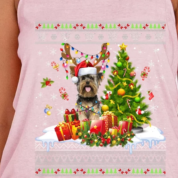 Funny Christmas Lights Yorkie Dog Funny Xmas Ugly Sweater Gift Women's Knotted Racerback Tank