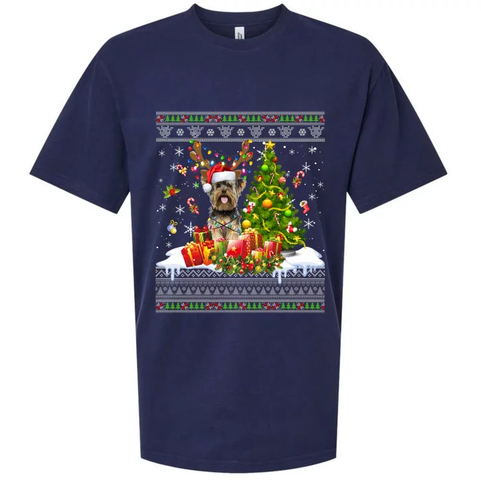 Funny Christmas Lights Yorkie Dog Funny Xmas Ugly Sweater Gift Sueded Cloud Jersey T-Shirt