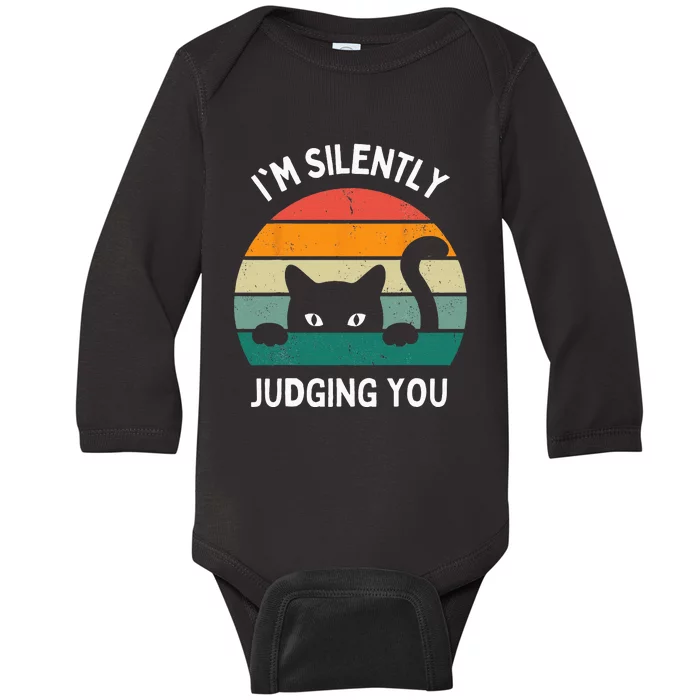 Funny Cats Lover Gifts I'm Silently Judging You Black Cat Baby Long Sleeve Bodysuit