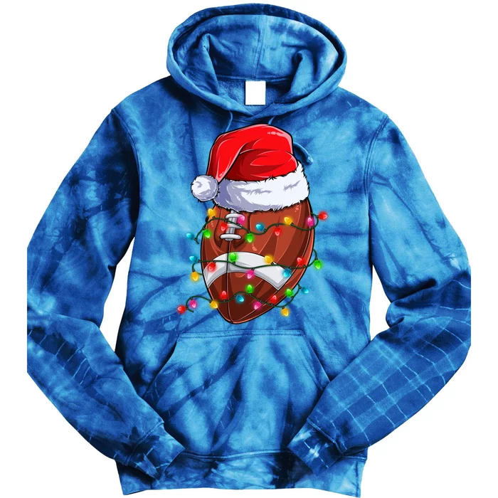 Football Christmas Lights Santa Hat Xmas Football Lover Gift Tie Dye Hoodie