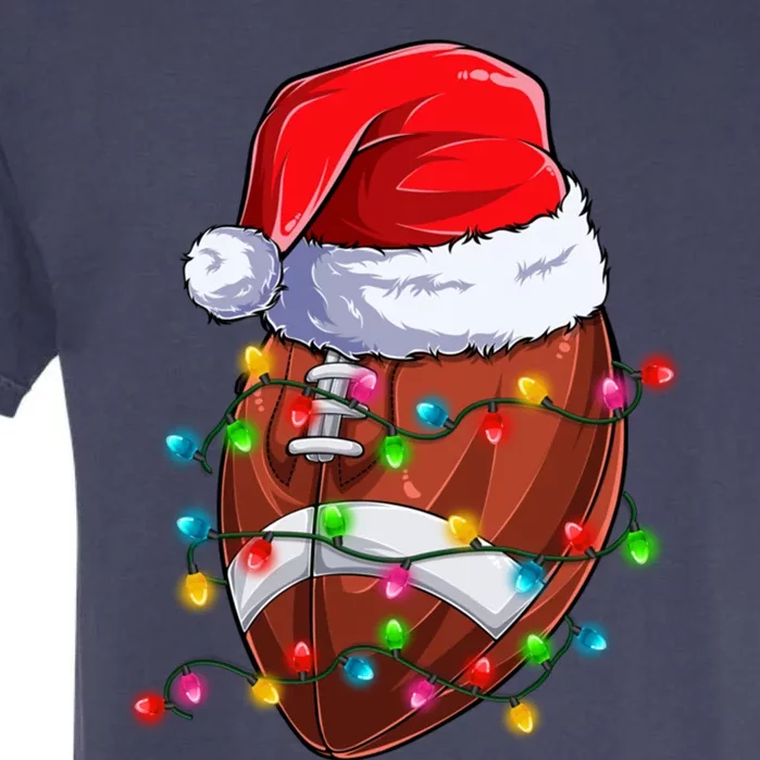 Football Christmas Lights Santa Hat Xmas Football Lover Gift Garment-Dyed Heavyweight T-Shirt