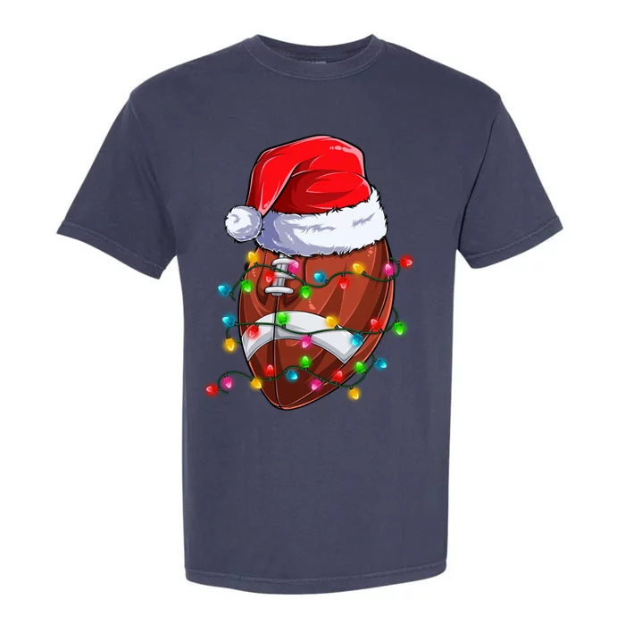 Football Christmas Lights Santa Hat Xmas Football Lover Gift Garment-Dyed Heavyweight T-Shirt