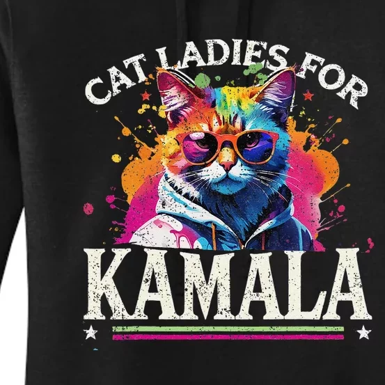 Funny Cat Ladies For Kamala 2024 Hipster Cat For Harris Women's Pullover Hoodie