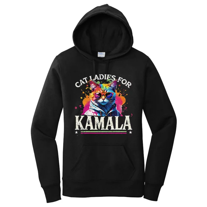 Funny Cat Ladies For Kamala 2024 Hipster Cat For Harris Women's Pullover Hoodie