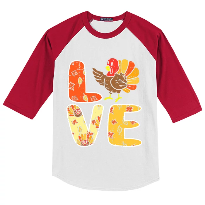 Funny Cute Love Turkey Leaves Autumn Fall Thanksgiving Kids Colorblock Raglan Jersey