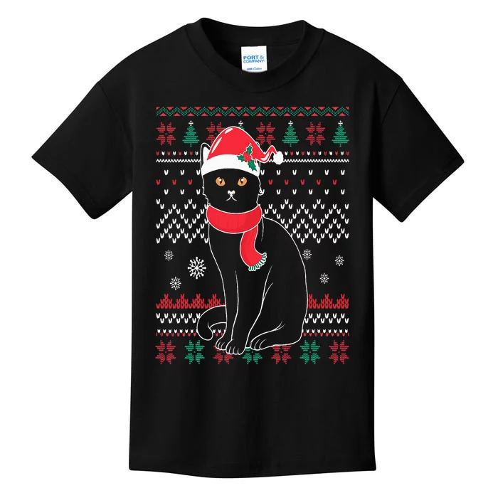 Funny Cat lovers Cute Cat Santa Hat Ugly Christmas Sweater Kids T-Shirt