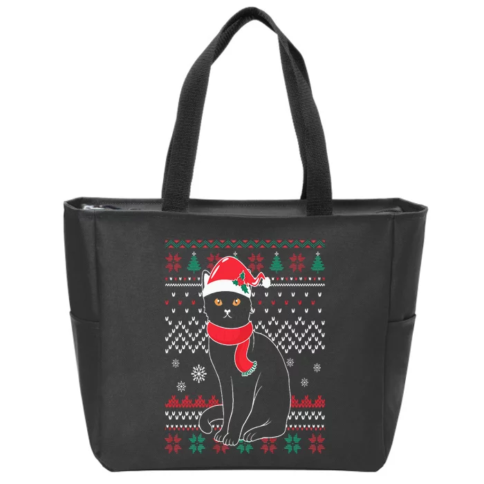 Funny Cat lovers Cute Cat Santa Hat Ugly Christmas Sweater Zip Tote Bag