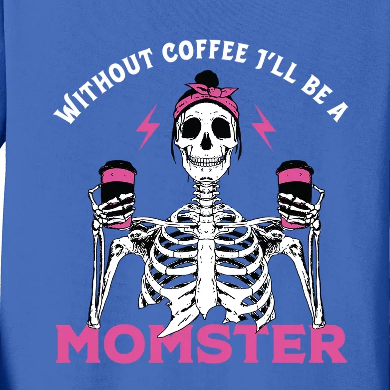 Funny Coffee Lover Mom Skeleton Pink Skull Momster Halloween Gift Kids Long Sleeve Shirt