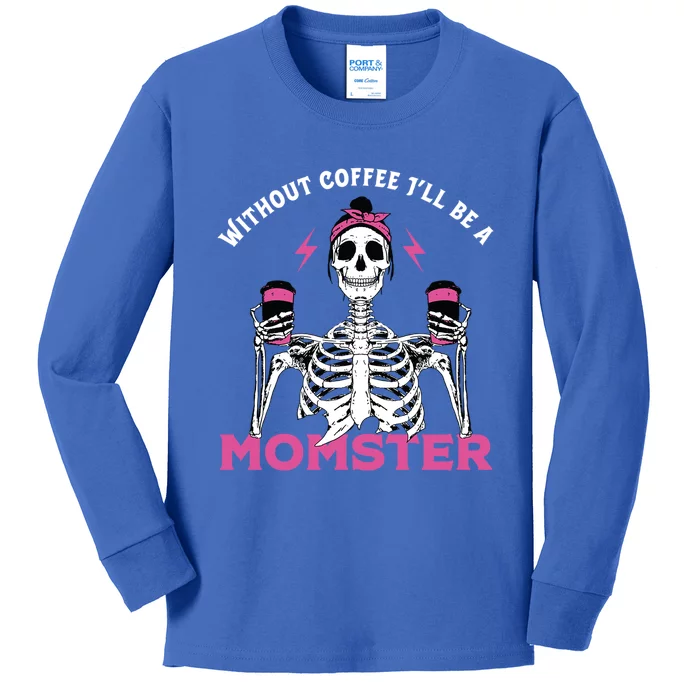 Funny Coffee Lover Mom Skeleton Pink Skull Momster Halloween Gift Kids Long Sleeve Shirt