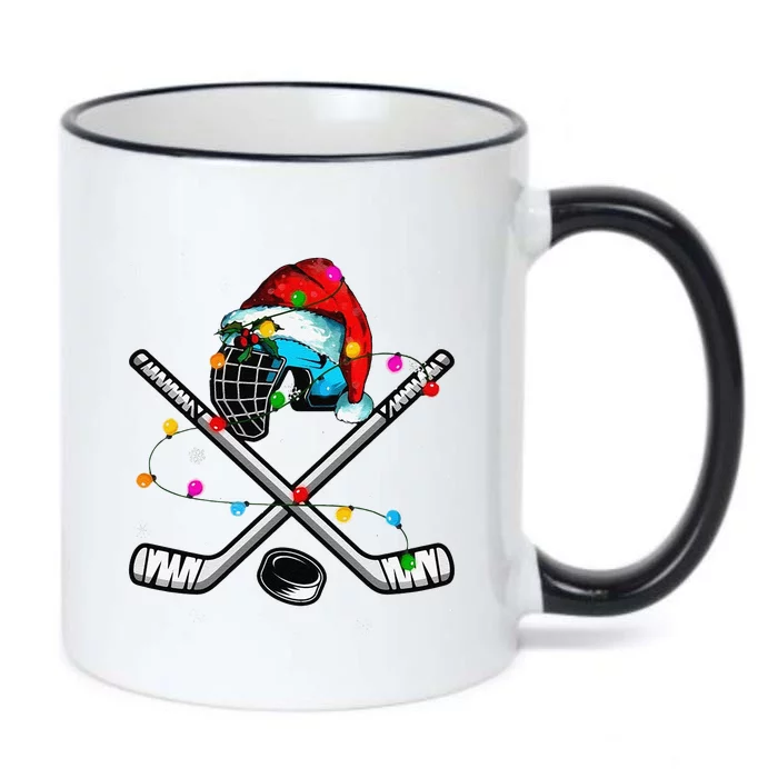 Funny Christmas Lights Hockey Santa Hat Sport Hockey Lover Gift Black Color Changing Mug