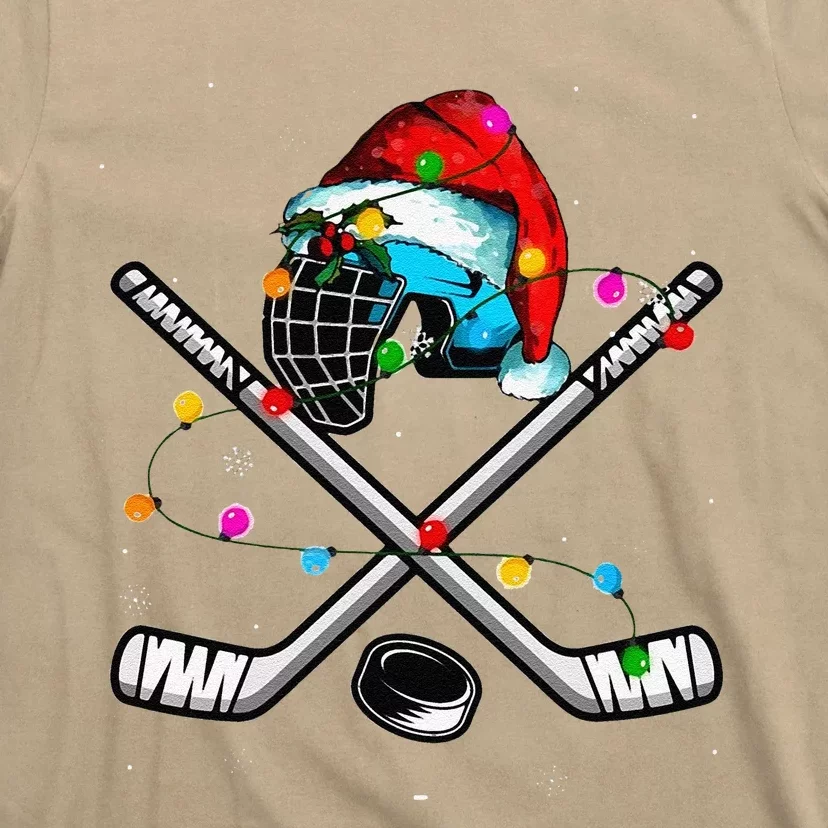 Funny Christmas Lights Hockey Santa Hat Sport Hockey Lover Gift T-Shirt