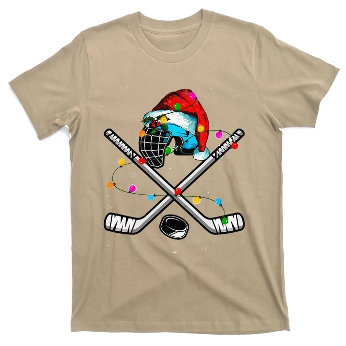 Funny Christmas Lights Hockey Santa Hat Sport Hockey Lover Gift T-Shirt