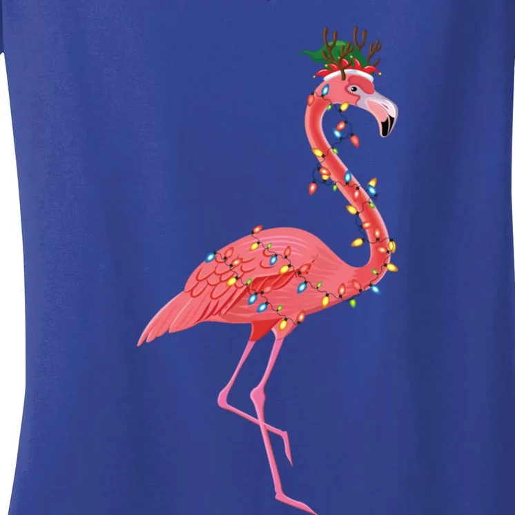 Flamingo Christmas Lights Holiday Elf Hat Pink Flamingo Xmas Meaningful Gift Women's V-Neck T-Shirt