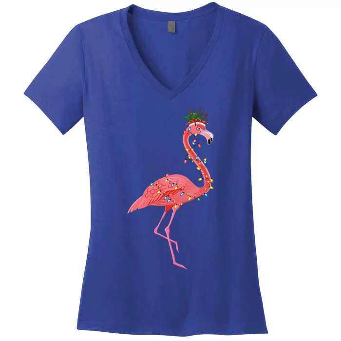 Flamingo Christmas Lights Holiday Elf Hat Pink Flamingo Xmas Meaningful Gift Women's V-Neck T-Shirt