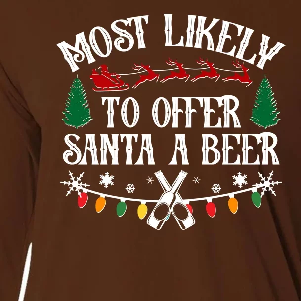 Funny Christmas Most Likely To Offer Santa A Beer Cooling Performance Long Sleeve Crew