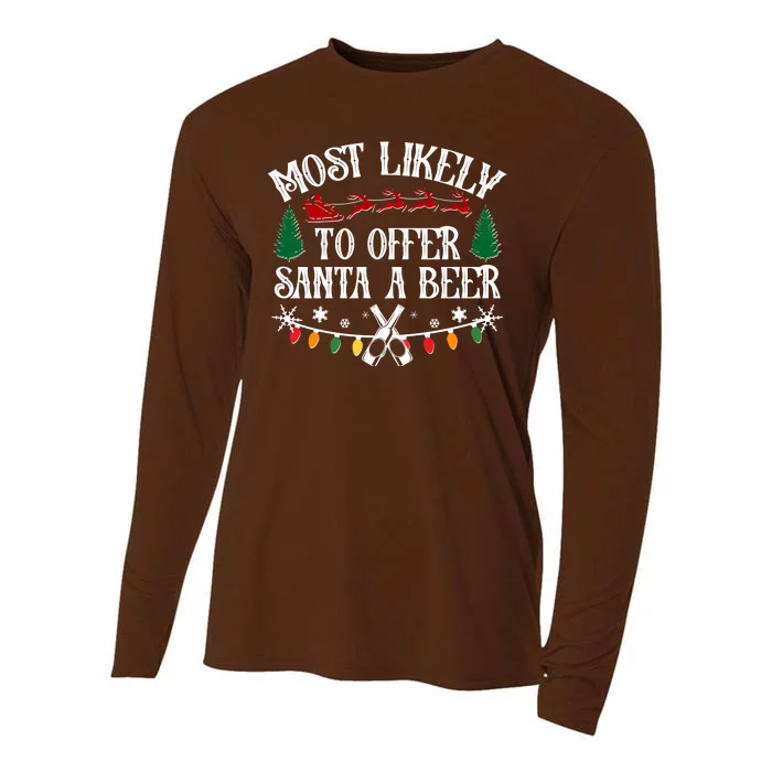 Funny Christmas Most Likely To Offer Santa A Beer Cooling Performance Long Sleeve Crew