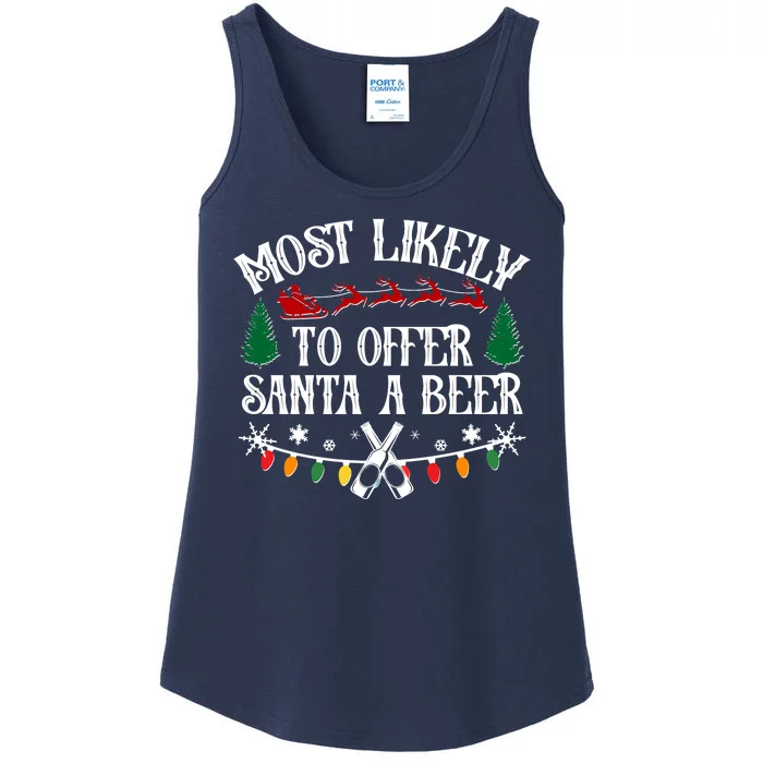 Funny Christmas Most Likely To Offer Santa A Beer Ladies Essential Tank