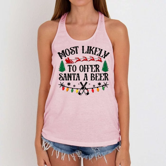 Funny Christmas Most Likely To Offer Santa A Beer Women's Knotted Racerback Tank