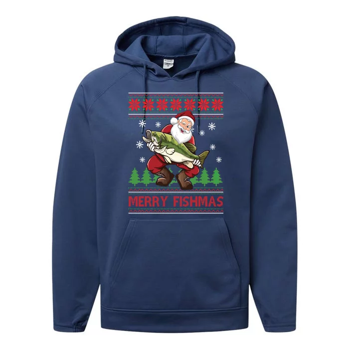 Fishing Christmas Merry Fishmas Sweater Santa Claus Fishing Cute Gift Performance Fleece Hoodie