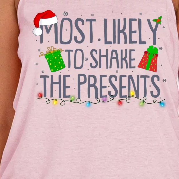 Funny Christmas Most Likely To Shake The Presents Women's Knotted Racerback Tank