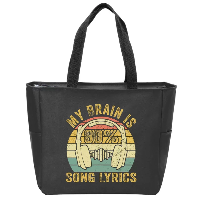 Funny & Cool Music Lover Life My Brain Is 80% Song Lyrics Zip Tote Bag