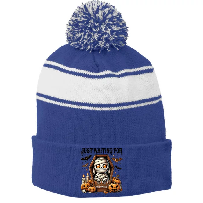 Funny Cute Mummy Just Waiting For Halloween Cute Gift Stripe Pom Pom Beanie