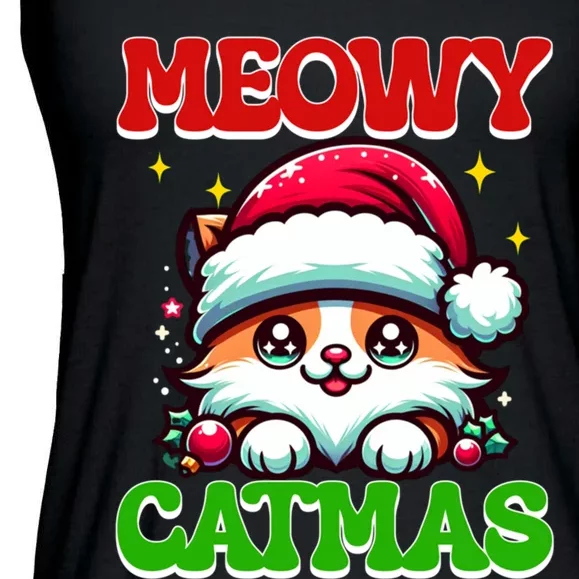 Funny Christmas Meowy Catmas Xmas Tree Santa Cat Kitten Ladies Essential Flowy Tank