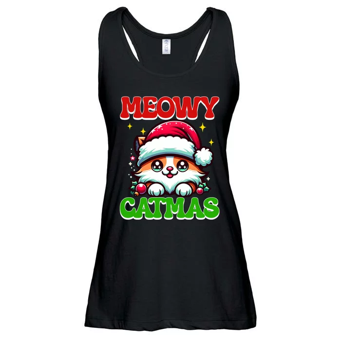 Funny Christmas Meowy Catmas Xmas Tree Santa Cat Kitten Ladies Essential Flowy Tank