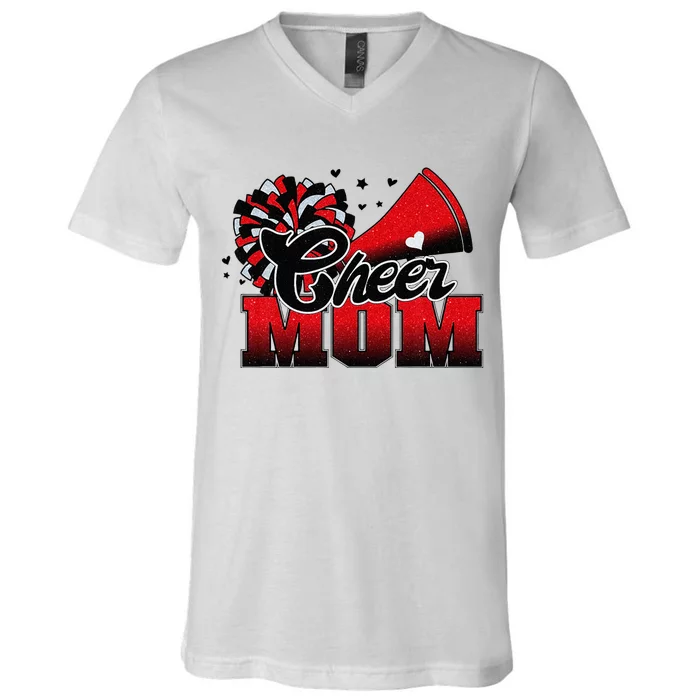 Football Cheer Mom Red Black Pom Leopard V-Neck T-Shirt